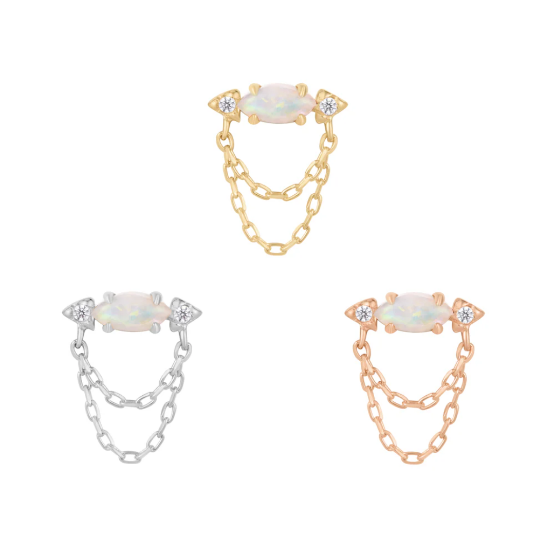 Limitless threadless ends featuring marquise-cut opal centres flanked by sparkling cubic zirconia and double chain detail, shown in yellow, white, and rose gold