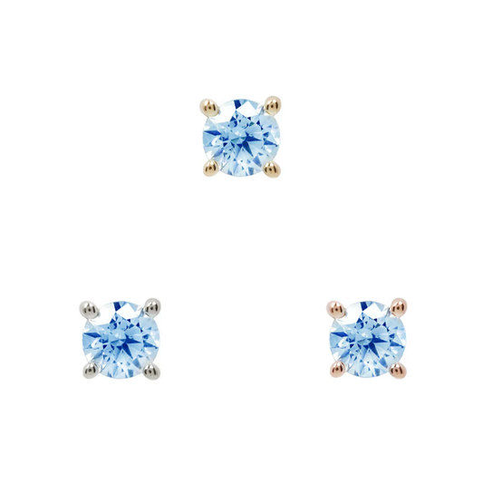prong-set London Blue Topaz threadless ends with brilliant-cut blue gemstones in yellow, white, and rose gold settings