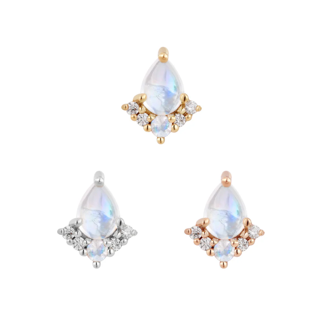 Teardrop-shaped rainbow moonstone threadless ends with a halo of sparkling CZs, shown in yellow, white, and rose gold.
