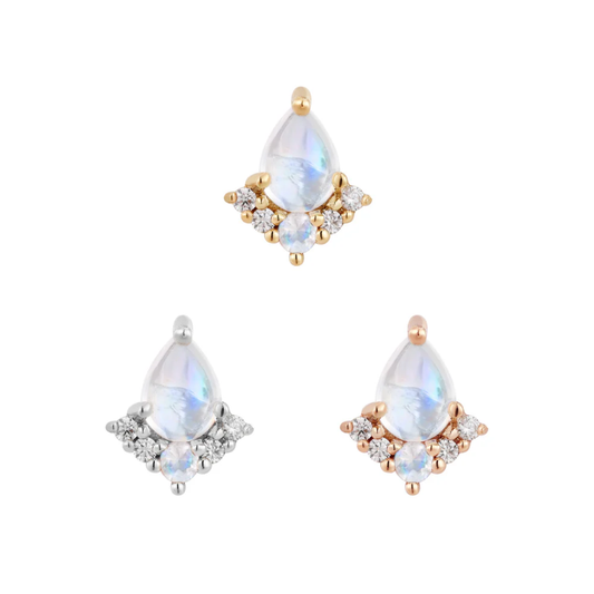 Teardrop-shaped rainbow moonstone threadless ends with a halo of sparkling CZs, shown in yellow, white, and rose gold.