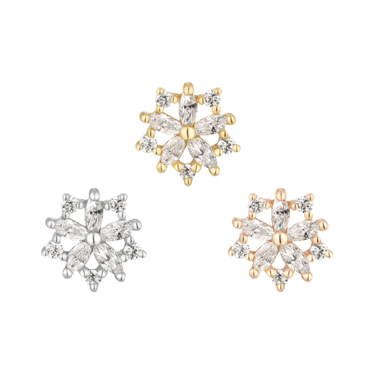 Intricately designed threadless ends with marquise and round-cut CZs forming a radiant floral burst, available in yellow, white, and rose gold.