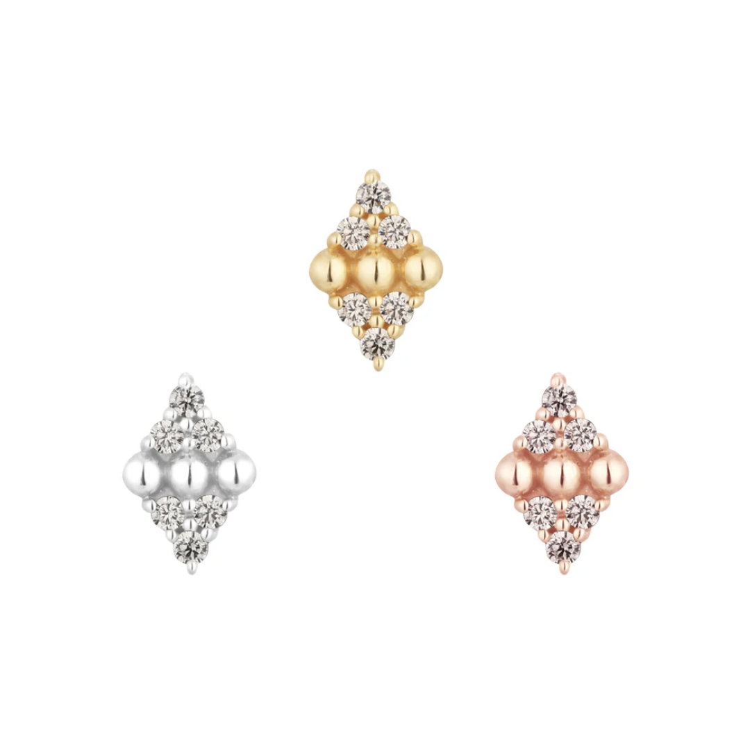 Geometric diamond-shaped threadless end with polished gold orbs and shimmering CZ accents, available in yellow, white, and rose gold.