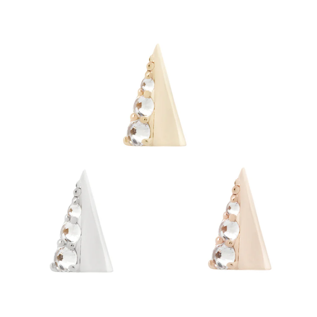 Triangle spike threadless end with a row of sparkling CZ gems set along one edge, available in yellow, white, and rose gold.