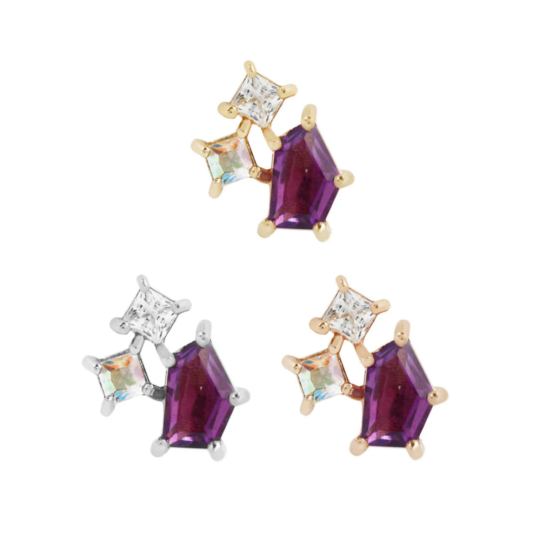 Lyra threadless end featuring a faceted amethyst centrepiece with prong-set CZ and opal accents, available in yellow, white, and rose gold.