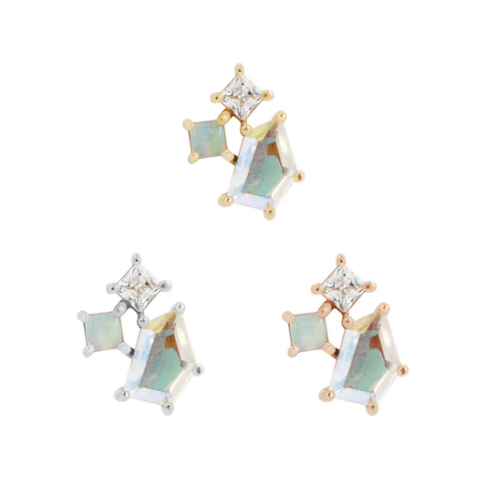 Lyra threadless end with Mercury Mist Topaz and cubic zirconia in a constellation-inspired cluster, prong-set in yellow, white, and rose gold.