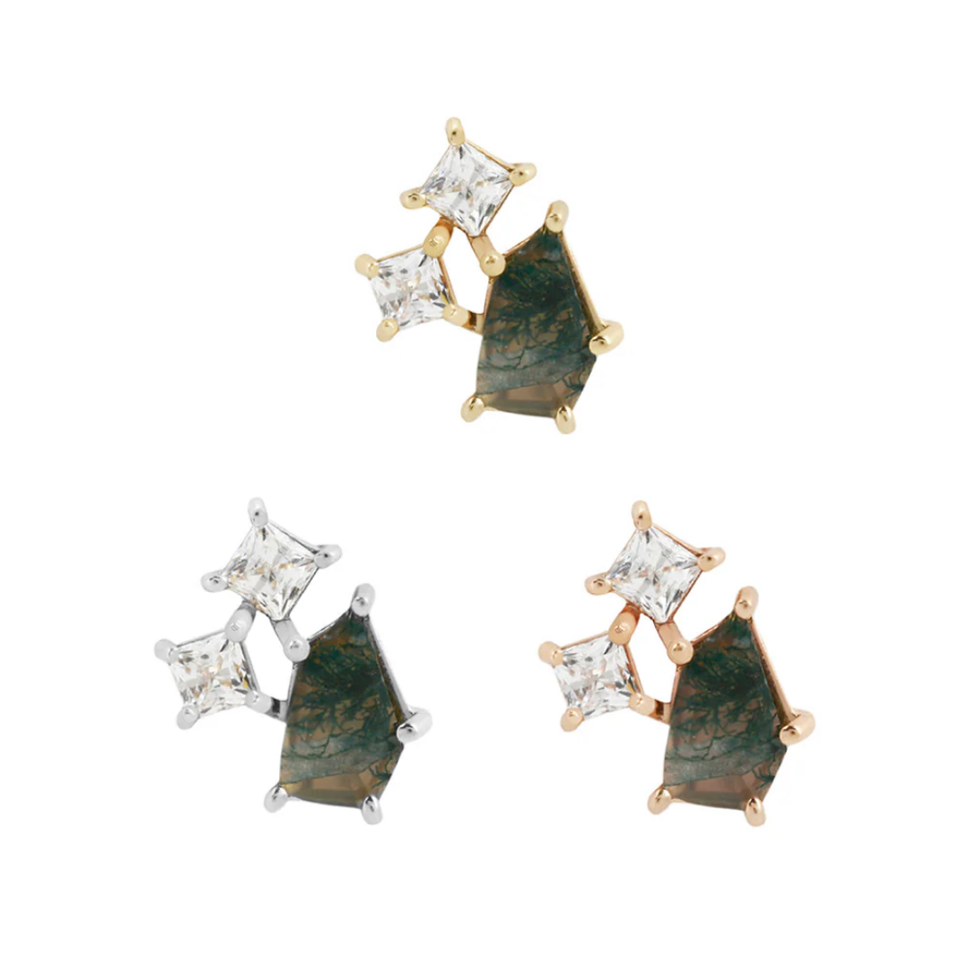 Lyra threadless end with Moss Agate and cubic zirconia in a celestial multi-stone cluster design, prong-set in yellow, white, and rose gold.