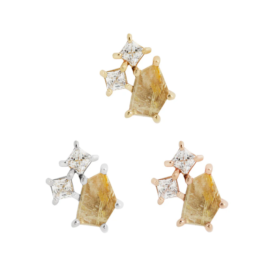 Lyra threadless end with rutilated quartz and cubic zirconia in a cosmic-inspired cluster design, prong-set in yellow, white, and rose gold.