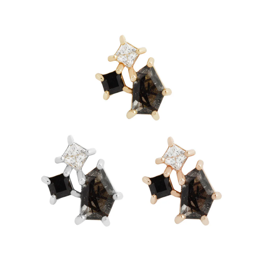 Lyra threadless end with tourmalated quartz, black spinel, and CZ in a geometric constellation design, available in yellow, white, and rose gold