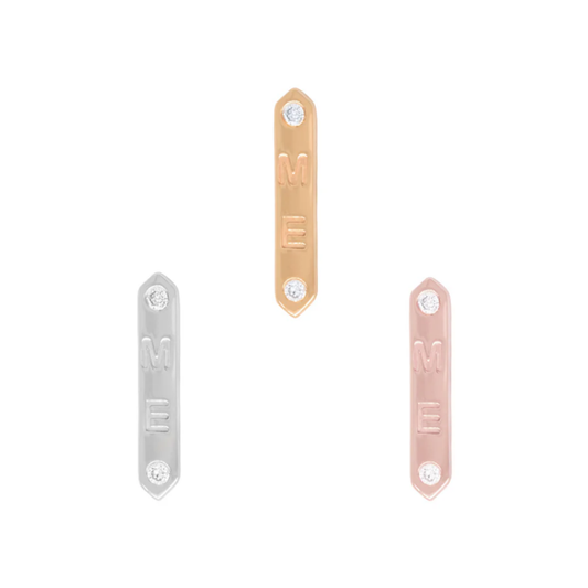 Vertical gold bar threadless end engraved with “ME”, accented by two bezel-set diamonds at top and bottom, available in yellow, rose, and white gold.