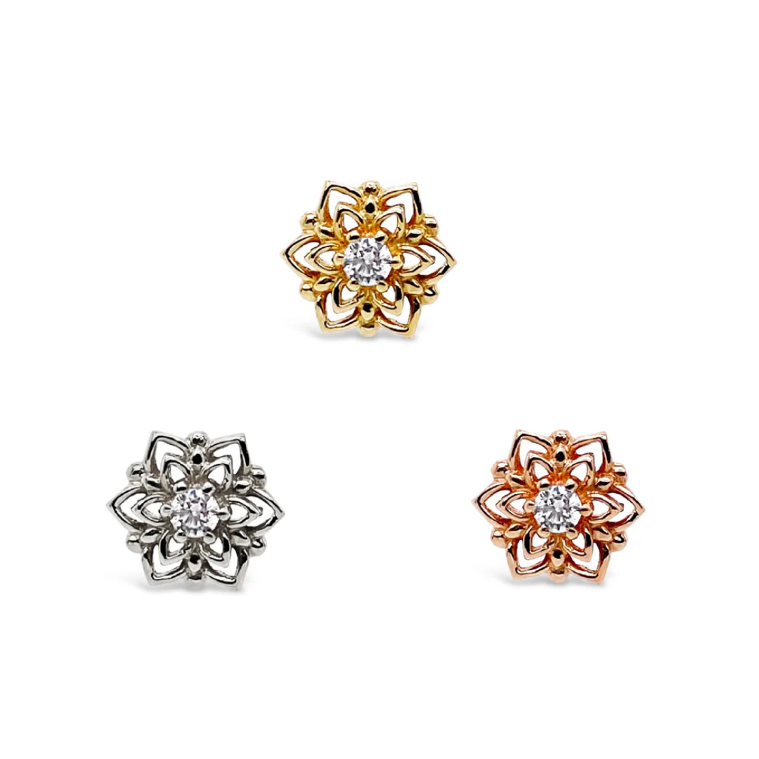 Mandala-inspired threadless end featuring a central CZ stone with intricate layered petals, shown in yellow, white, and rose gold