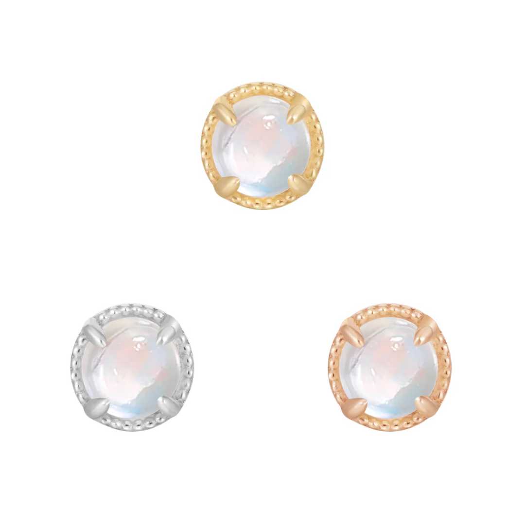 Round threadless end with a bezel-set rainbow moonstone and beaded detailing, available in yellow, white, and rose gold.