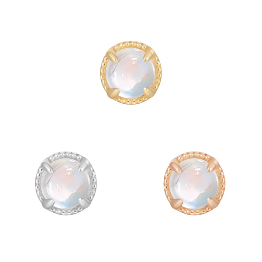 Round threadless end with a bezel-set rainbow moonstone and beaded detailing, available in yellow, white, and rose gold.