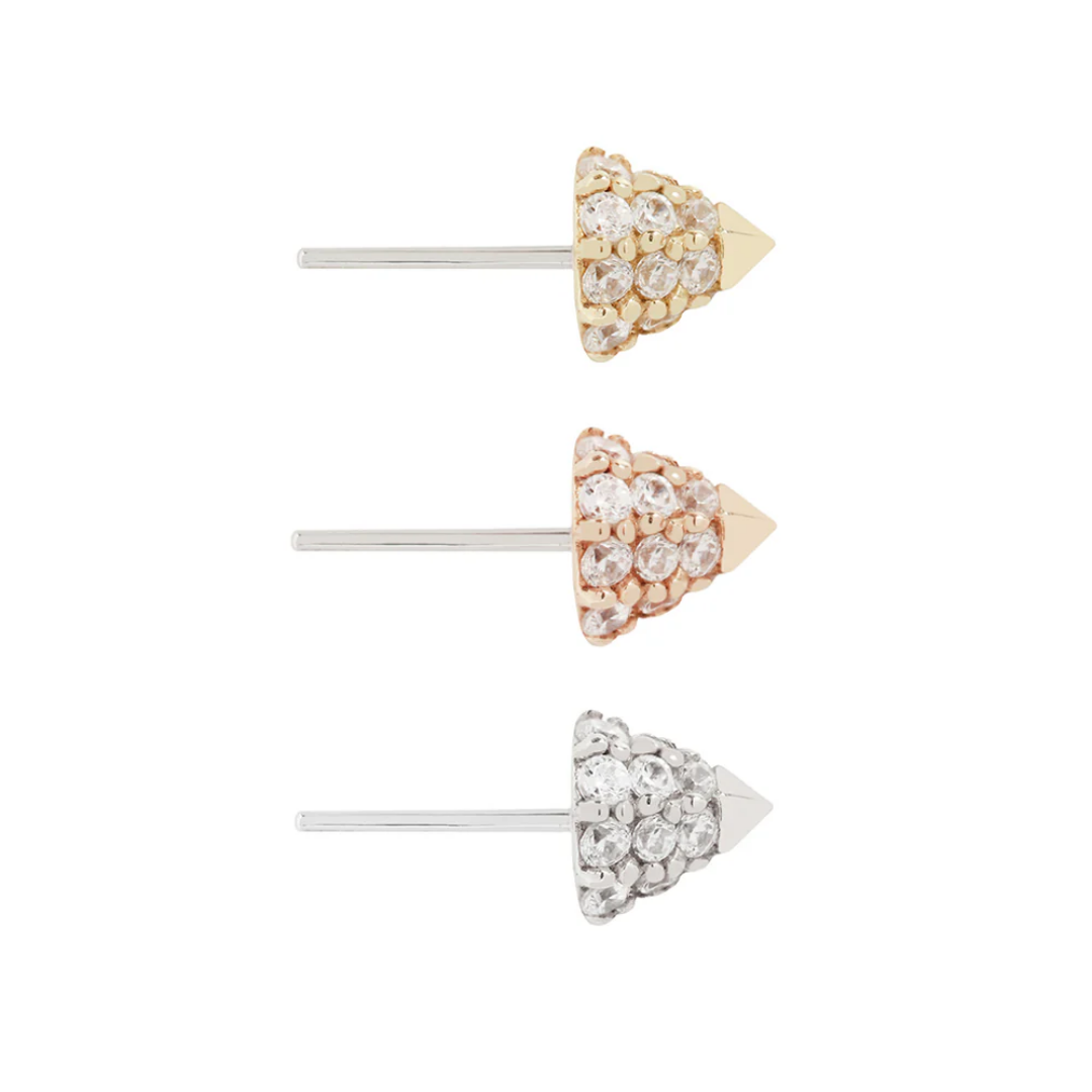 Cone-shaped threadless end encrusted with clear CZ stones, available in yellow, rose, and white gold, with a high-polish pointed tip.