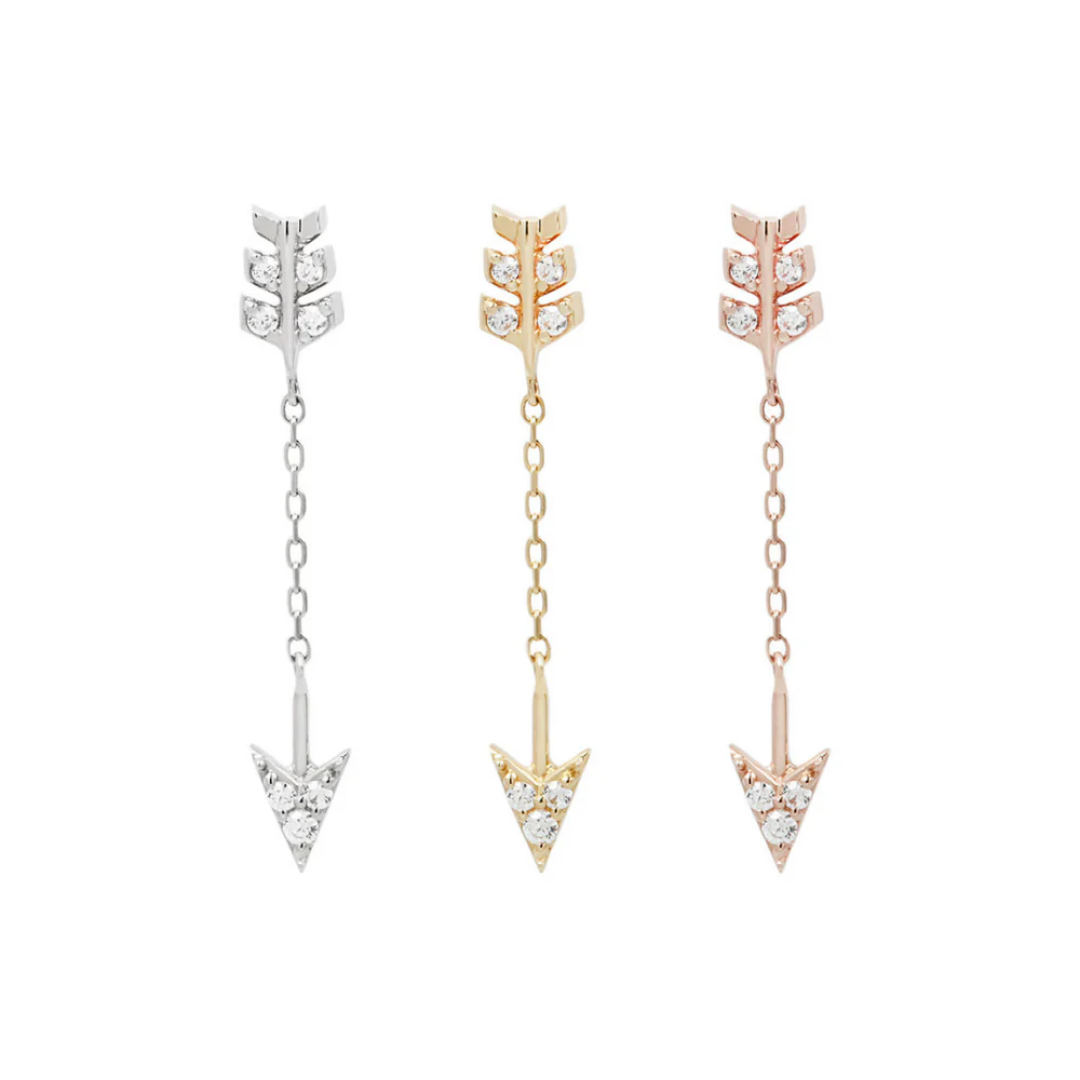 Gold threadless arrow-shaped end with sparkling CZ accents and a dangling arrowhead charm, also shown in rose and white gold variations.