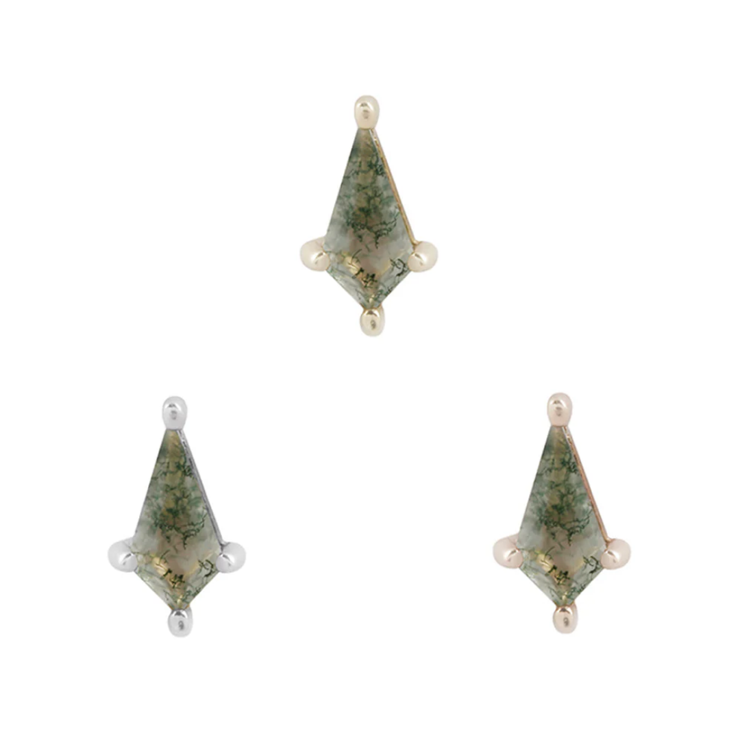 Mini Soho threadless end with a moss agate stone in a faceted kite shape, set in four prongs, available in yellow gold, rose gold, and white gold.