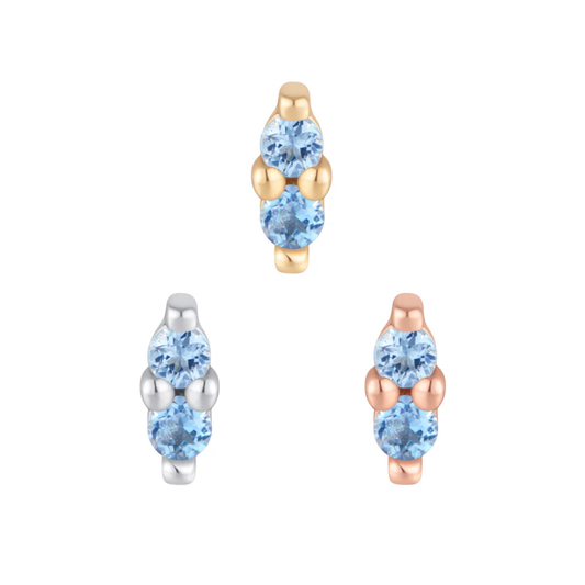 Gold, rose gold, and white gold threadless ends featuring two stacked London blue topaz gemstones in a sleek vertical setting.