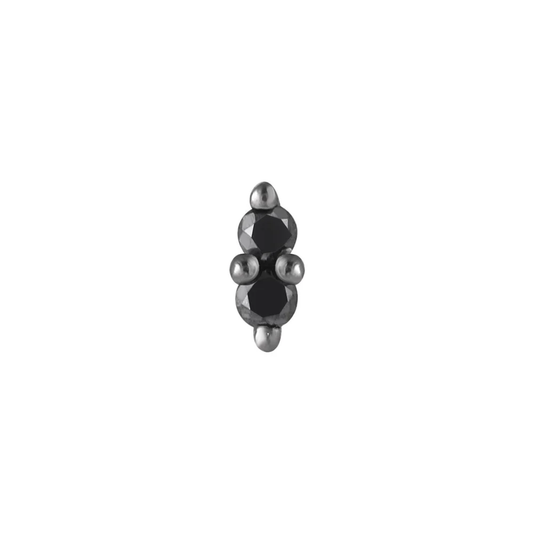 Rhodium threadless end with two striking black diamonds in a vertical prong-set design.