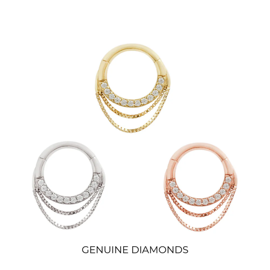 Tempeste clicker ring with genuine diamonds and triple chain drape in yellow, white, and rose gold – luxury body jewellery for septum, daith, or lobe piercings