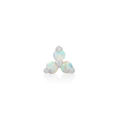 14k gold piercing jewellery featuring three round iridescent opal stones set in a triangular formation with gold prong accents