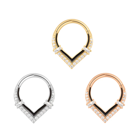 Uprise clicker ring with black enamel and cubic zirconia in yellow, white, and rose gold – luxury body jewellery for septum, daith, or rook piercings