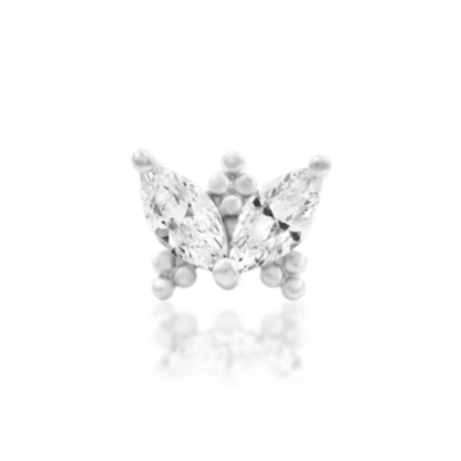 14k gold piercing end with two marquise-cut clear cubic zirconia stones set like butterfly wings and surrounded by small polished gold bead clusters