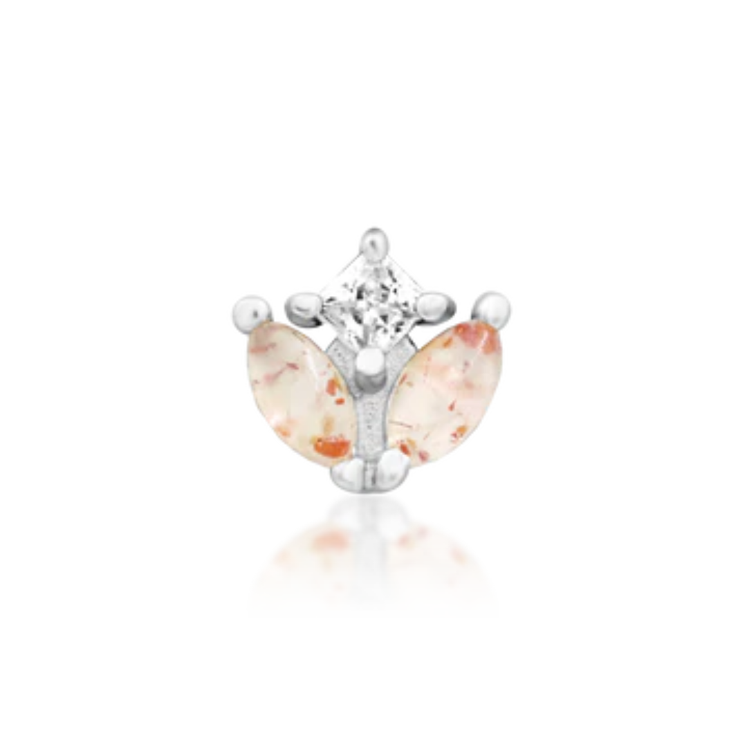 14k white gold butterfly-inspired piercing end with two sunstone cabochon wings and a clear cubic zirconia accent