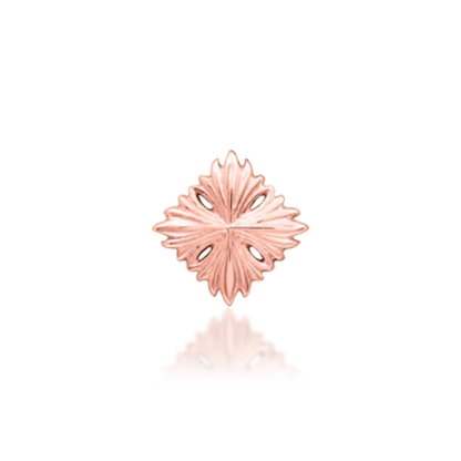 14k rose gold decorative piercing end with an ornate, leaf-inspired diamond shape and delicate cut-out details
