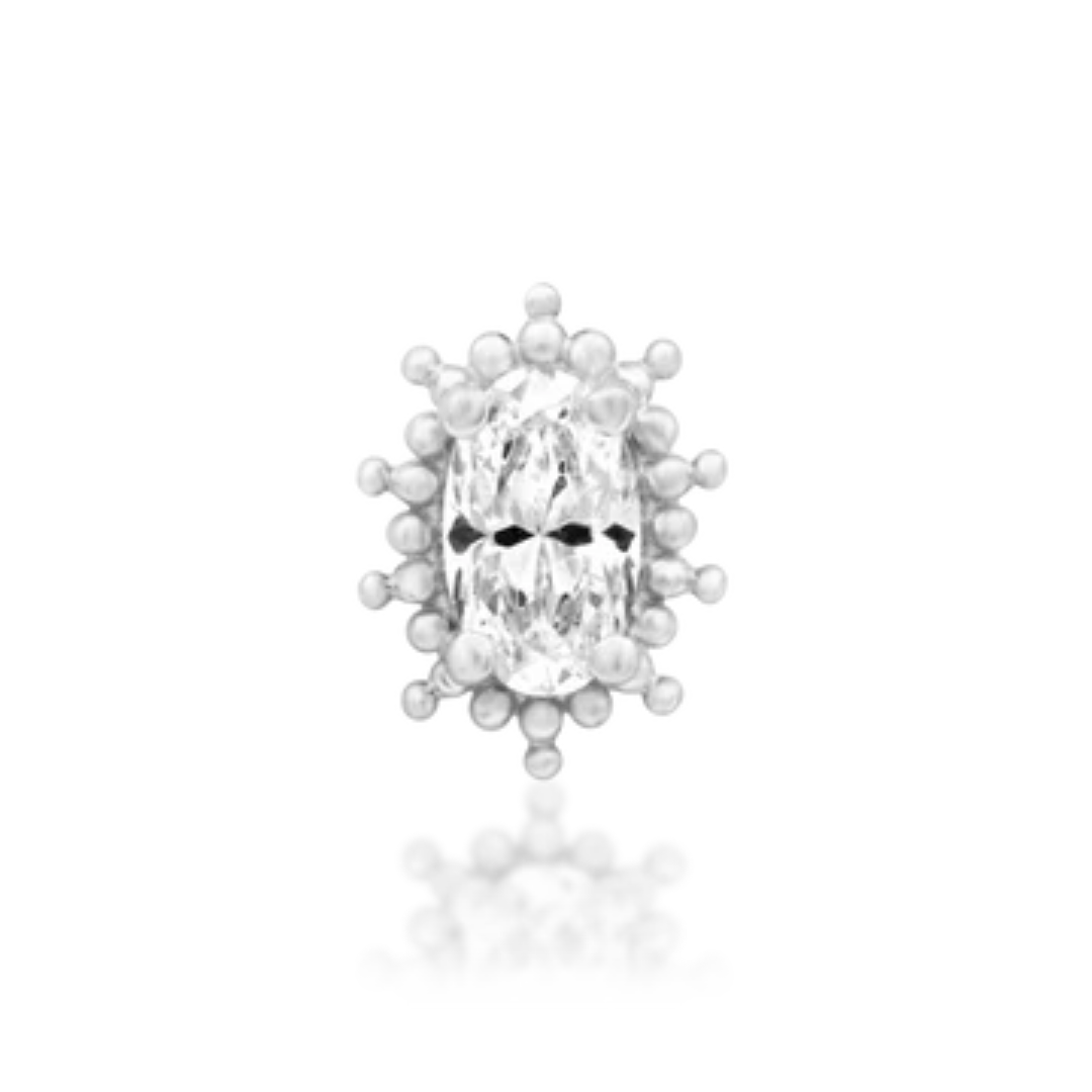 14k white gold piercing end featuring an oval-cut CZ centre stone surrounded by a delicate halo of gold bead detailing