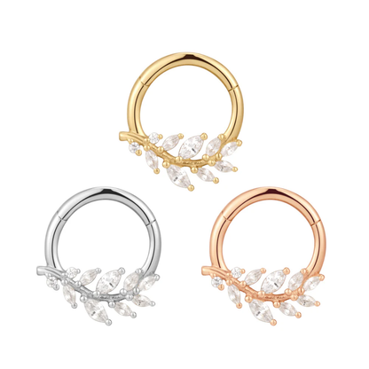 Wild Soul clicker ring with marquise and round cubic zirconia stones in a leafy vine design, available in yellow, white, and rose gold – luxury body jewellery for septum, daith, helix, or conch piercings