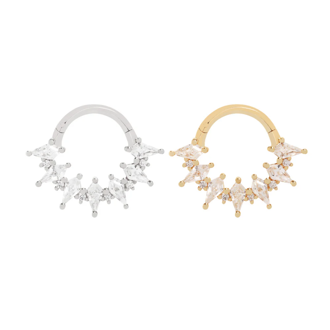 Wonderland clicker ring with marquise and round cubic zirconia stones in white and yellow gold – luxury body jewellery for septum, daith, or helix piercings
