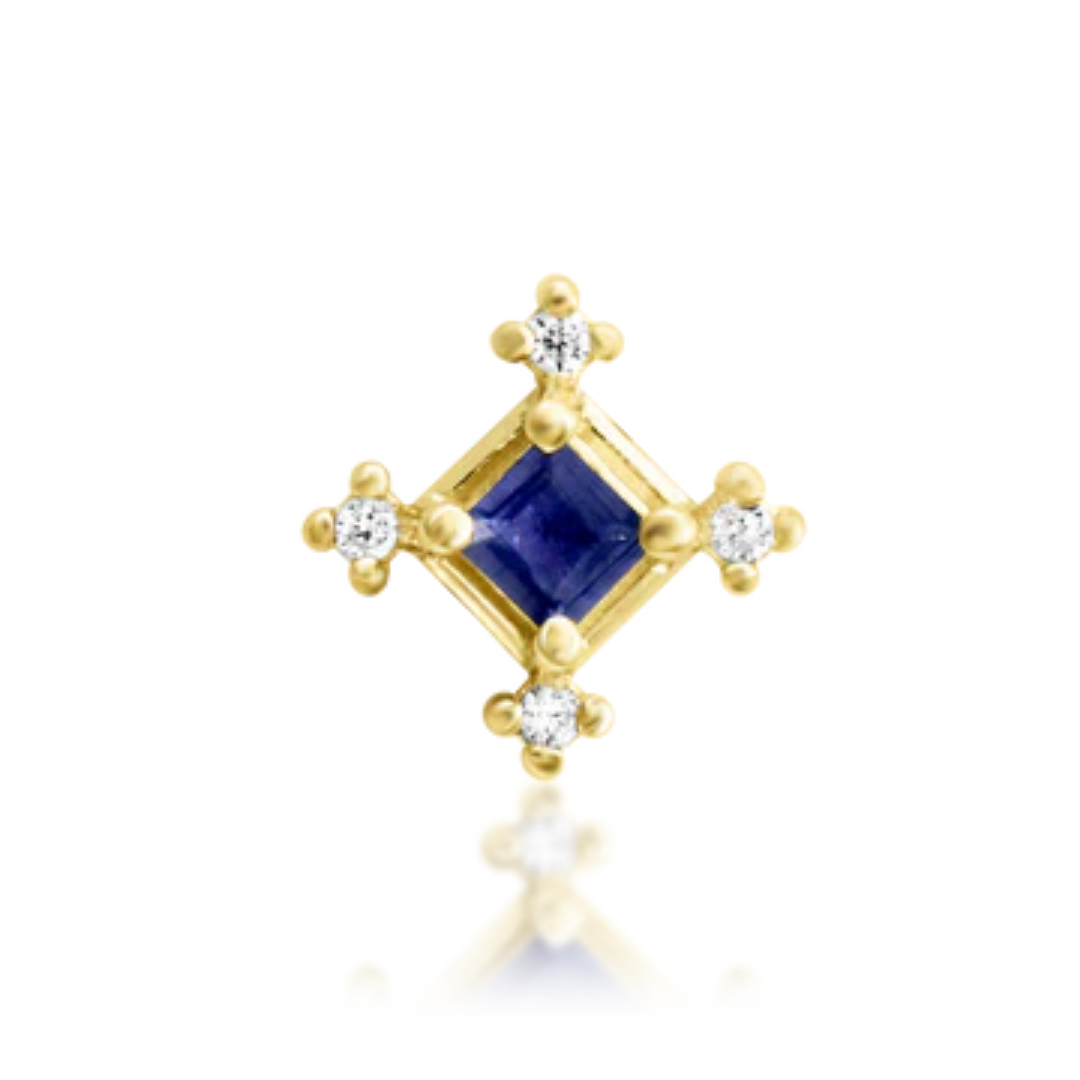 Gold body jewellery end with a central deep blue princess-cut gem and four surrounding clear CZs