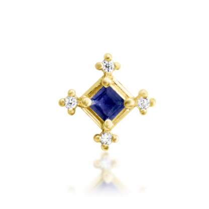 Gold body jewellery end with a central deep blue princess-cut gem and four surrounding clear CZs