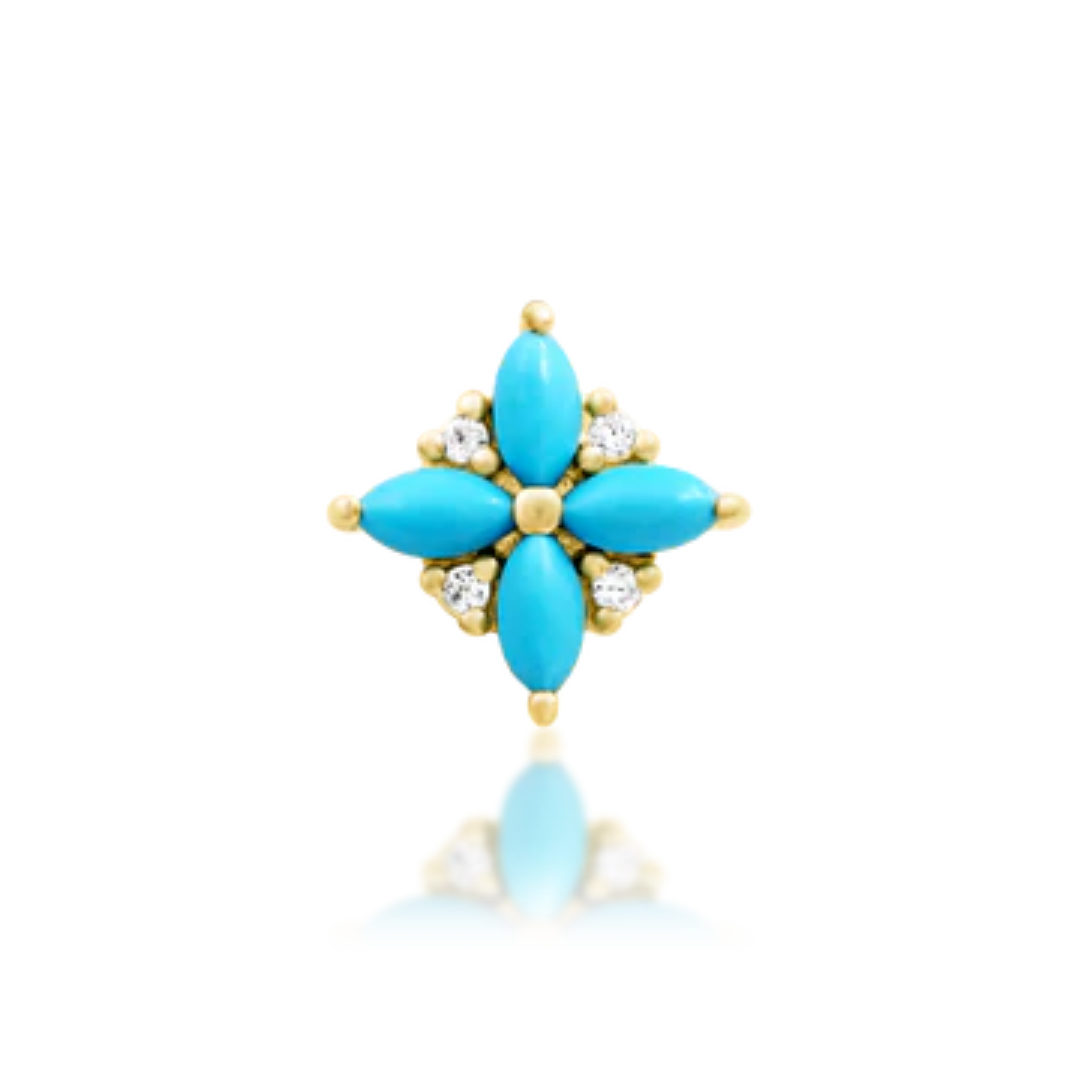 Gold piercing end featuring four marquise-cut turquoise stones and tiny clear CZs in a floral cluster design