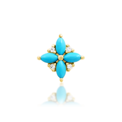 Gold piercing end featuring four marquise-cut turquoise stones and tiny clear CZs in a floral cluster design