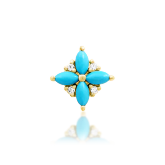 Gold piercing end featuring four marquise-cut turquoise stones and tiny clear CZs in a floral cluster design