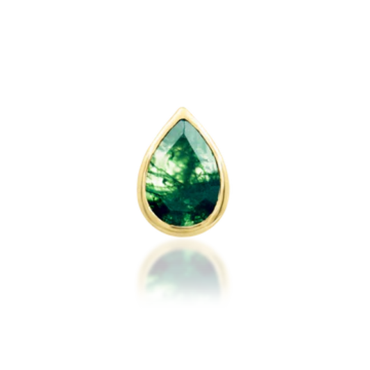 Gold body jewellery end featuring a pear-shaped green gemstone in a bezel setting