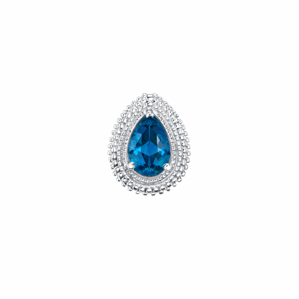 bvla afghan pear 14k white gold london blue topaz pear shape gold beaded edge luxury piercing jewellery close up product photo