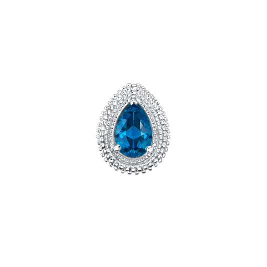 bvla afghan pear 14k white gold london blue topaz pear shape gold beaded edge luxury piercing jewellery close up product photo