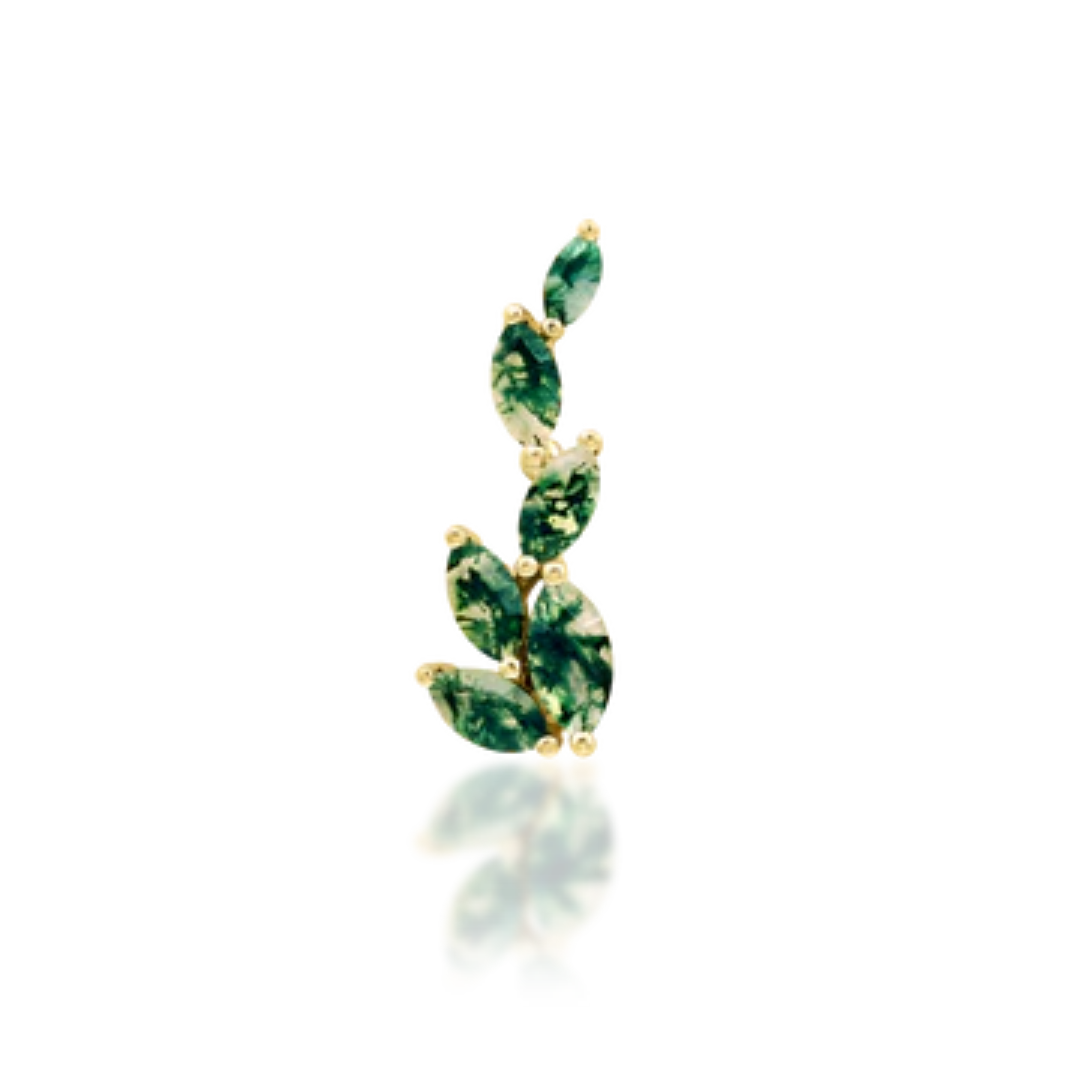Gold piercing stud with cascading marquise-cut moss green gemstones arranged in a leaf-like design