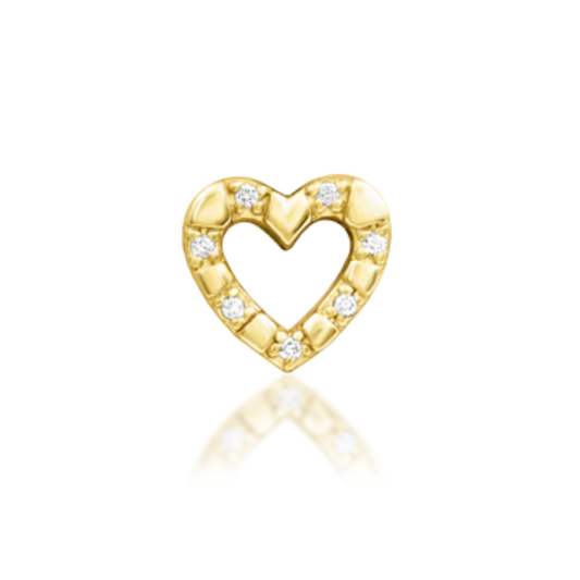 Gold heart-shaped piercing end with textured detailing and sparkling CZ accents