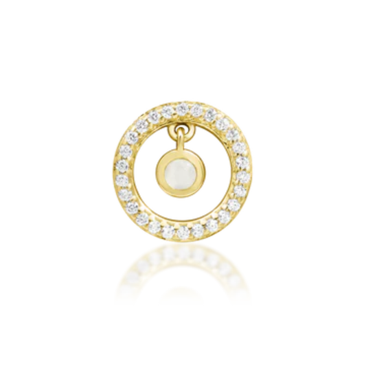 Gold circular piercing end featuring a CZ-studded halo and a central moonstone charm
