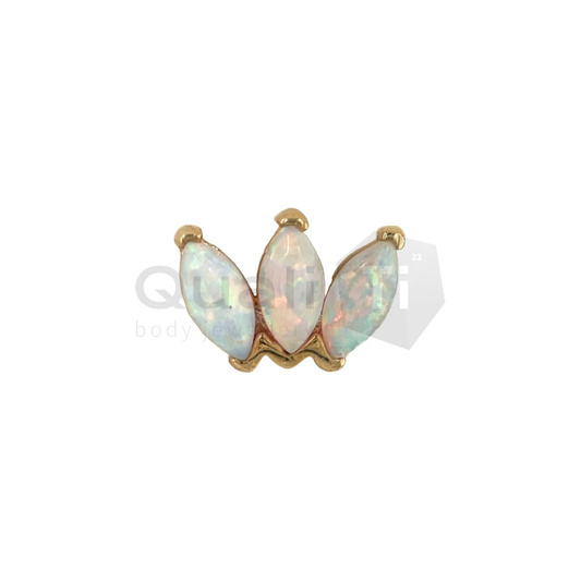 14k yellow gold threadless attachment featuring three marquise-cut synthetic opals in a crown-style arrangement, suitable for lobe, helix, and flat piercings.