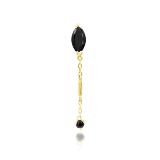 Gold chain dangle piercing end featuring marquise and round-cut black cubic zirconia stones