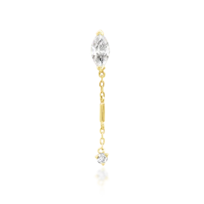 Gold dangle piercing end with marquise and round-cut white cubic zirconia stones on fine chain