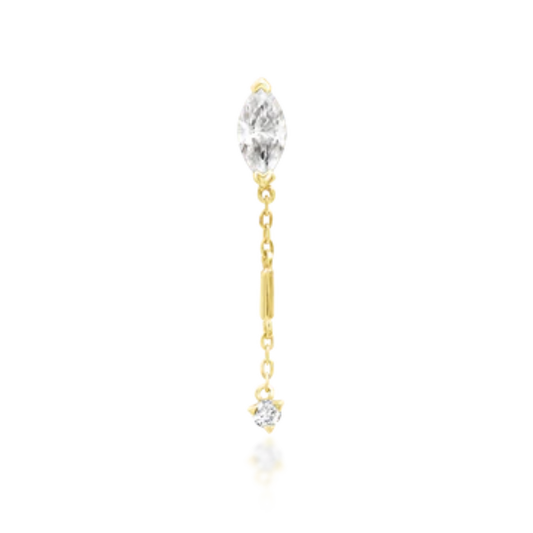 Gold dangle piercing end with marquise and round-cut white cubic zirconia stones on fine chain