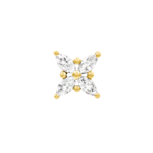 Gold flat back stud featuring four marquise-cut clear gemstones arranged in a floral cross design for cartilage or lobe piercings