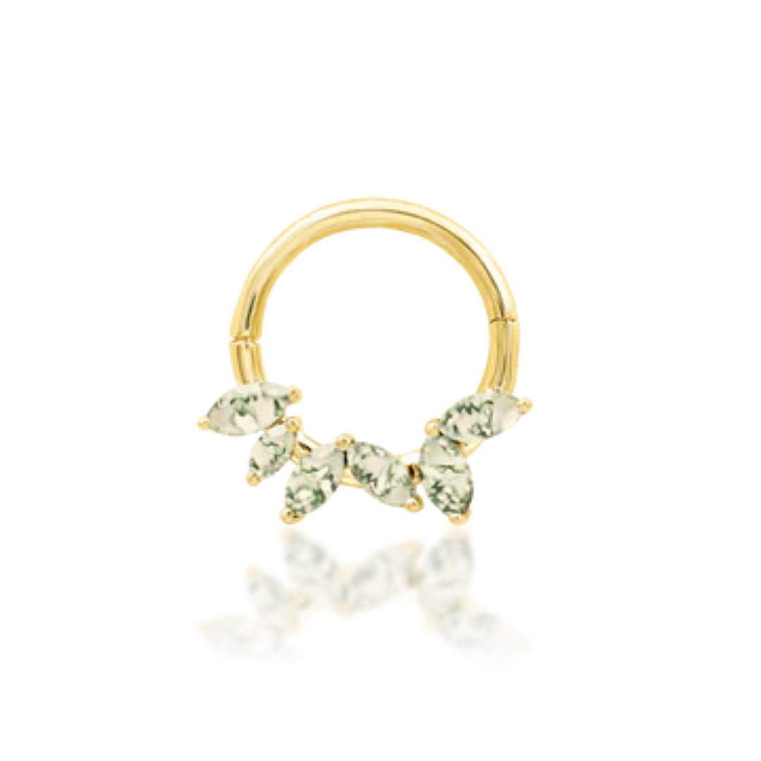 Junipurr Jewellery Alicia gold clicker ring with marquise-cut green stones in clustered fan setting