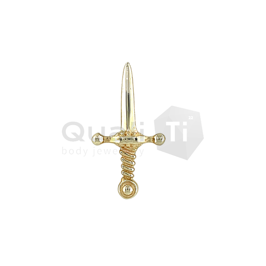 14k yellow gold threadless sword-shaped body jewellery attachment with intricate handle detailing, suitable for helix, conch, flat, or lobe piercings.