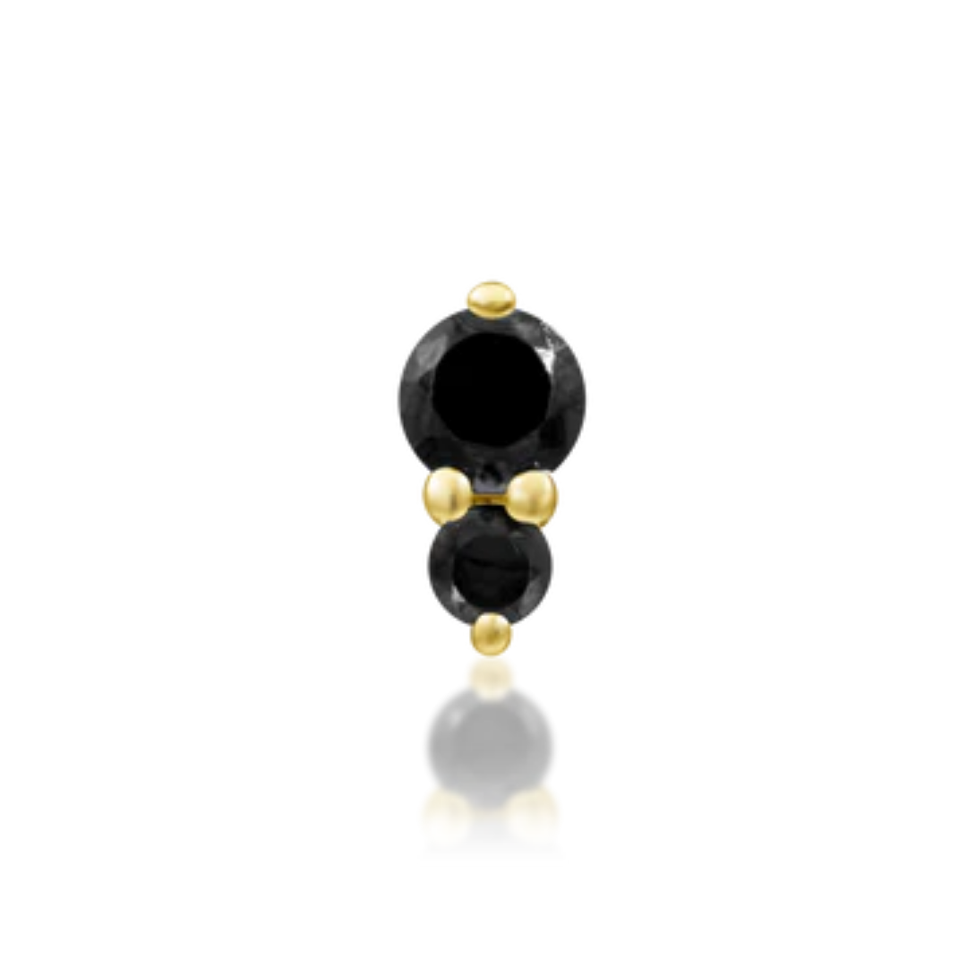 Gold body jewellery end featuring two round-cut black cubic zirconia stones in a vertical double-gem design with prong settings