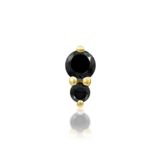 Gold body jewellery end featuring two round-cut black cubic zirconia stones in a vertical double-gem design with prong settings